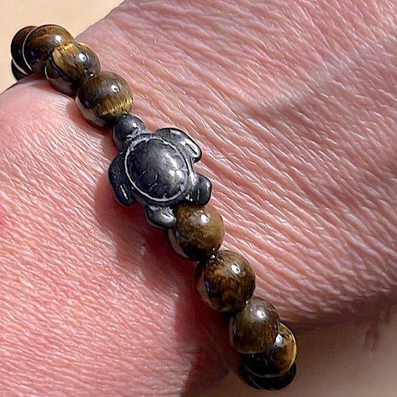 NWT 🐢🏝️ HEAVYWEIGHT TIGERS EYE BEADED SEA TURTLE STRETCH BRACELET One Size - Picture 4 of 5